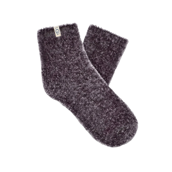 The UGG Women's Leda Cozy Quarter Sock in Charcoal features a soft, fuzzy texture and signature UGG tag near the cuff—perfect cozy socks for women who want comfort and style.