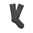 The UGG Women's Rib Knit Slouchy Crew Sock in grey, from UGG, is shown laid flat on a white background with a small white tag attached near the top of one sock.