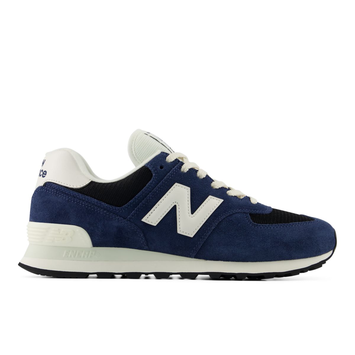 NEW BALANCE Men's 574 Navy/White sneaker, suede and mesh upper with white ENCAP midsole, lateral side view.