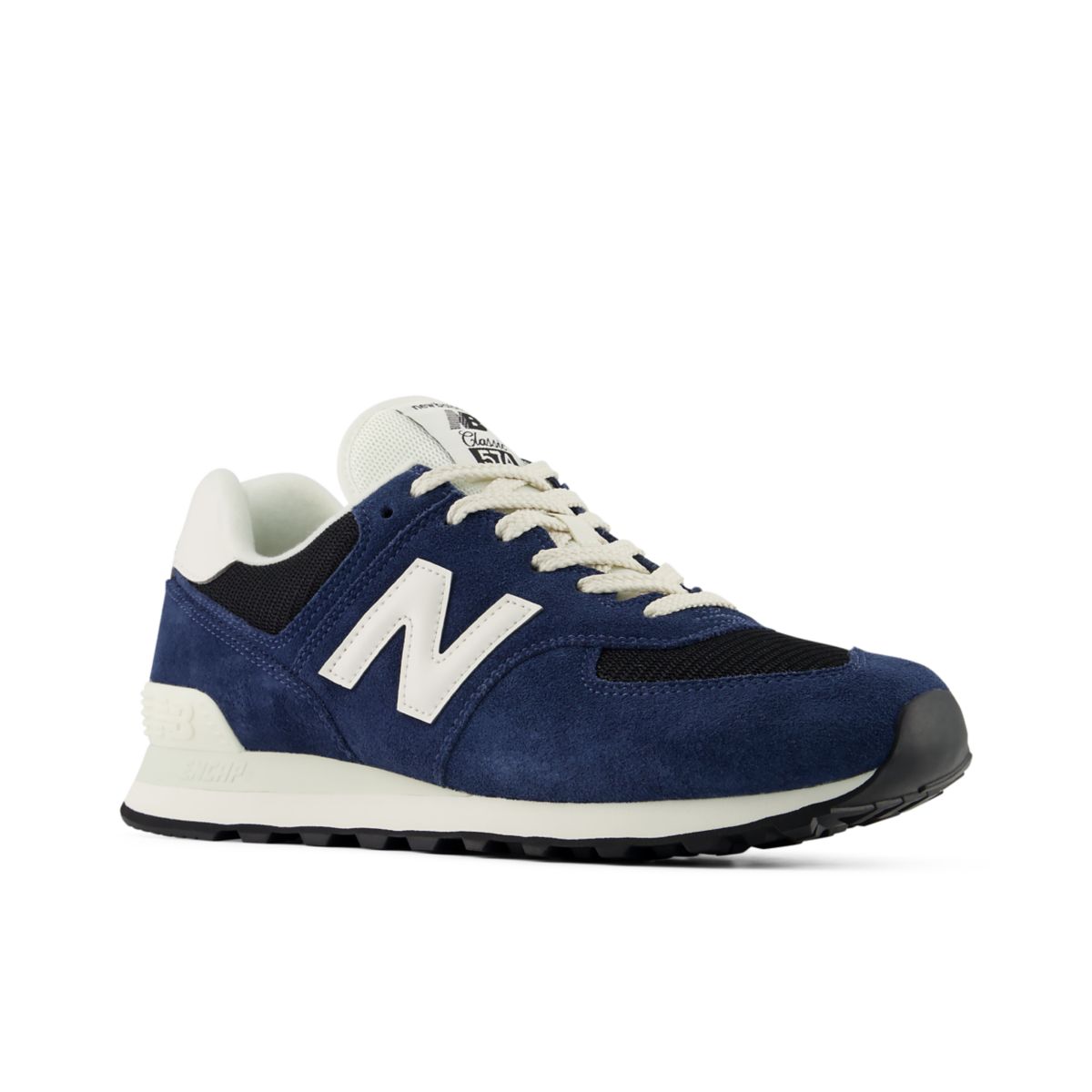 NEW BALANCE Men's 574 Navy/White sneaker, navy toe box and white midsole trim, front angled view.