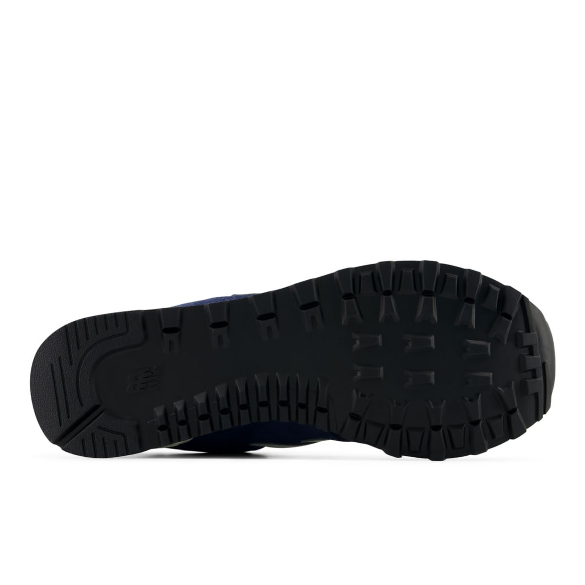NEW BALANCE Men's 574 Navy/White sneaker, patterned rubber outsole for everyday traction, sole view.