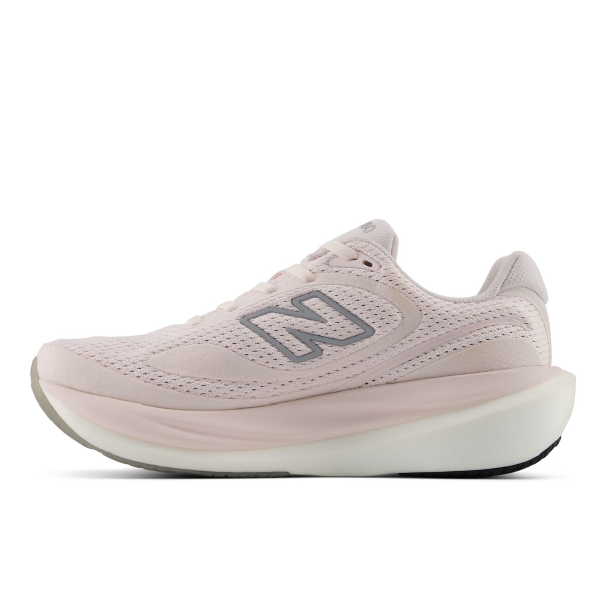 NEW BALANCE Women's 1080v15 Pink Salt/Pink Granite running shoe, laced mesh upper and N logo, side profile view.