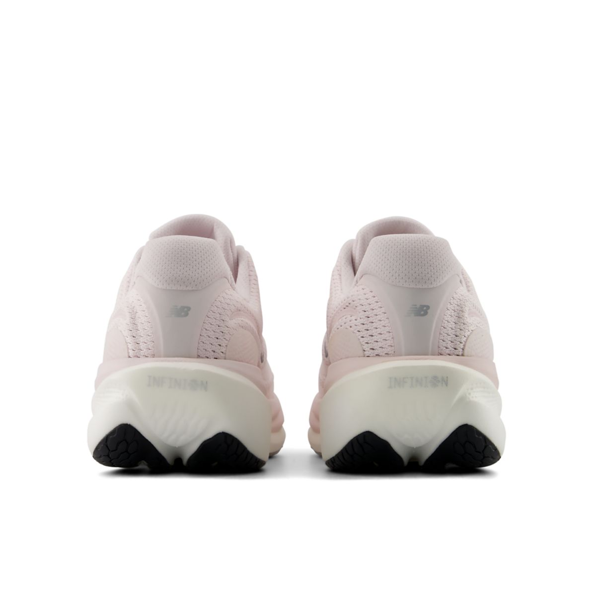 Rear view of the NEW BALANCE Women's 1080v15 Pink Salt/Pink Granite running shoe with a cushioned heel for support.