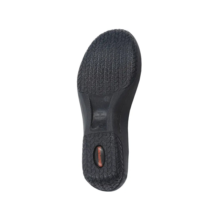 The image shows the sole of the ARCOPEDICO Arcopedico Womens Cosmo Black shoe with a textured, herringbone tread—ideal for foot pain relief if youre seeking comfortable sandals.