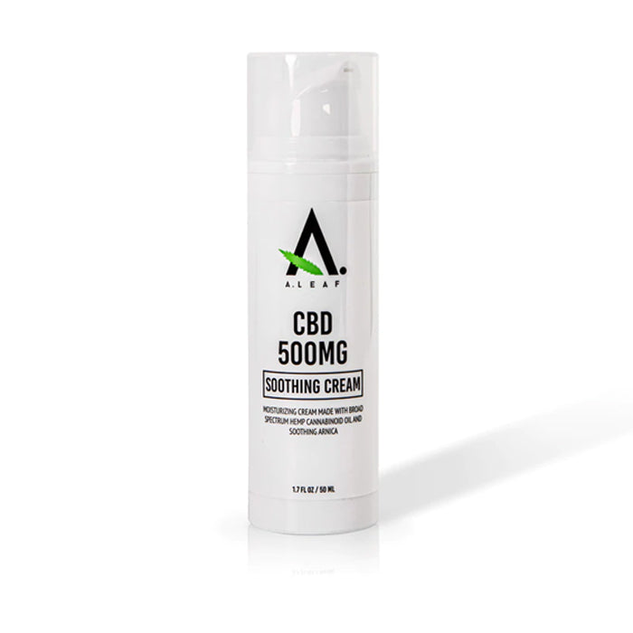 A white bottle labeled ALEAF SOOTHING CREAM 500MG by A Leaf, with a pump top and black and green design, stands upright on a plain white background.