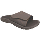 The OluKai Mens Nalu Slide Dark Java is a brown open-toe sandal with a thick adjustable strap, textured footbed, side perforations, and sturdy rubber sole—providing comfort and support for plantar fasciitis.