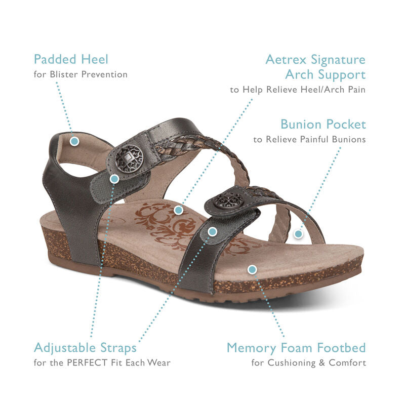 The Aetrex Womens Jillian Navy is a navy sandal with adjustable straps, padded heel, bunion pocket, Lynco orthotic footbed, and arch support—APMA Approved for cushioning, comfort, and pain relief. Text labels highlight each feature.
