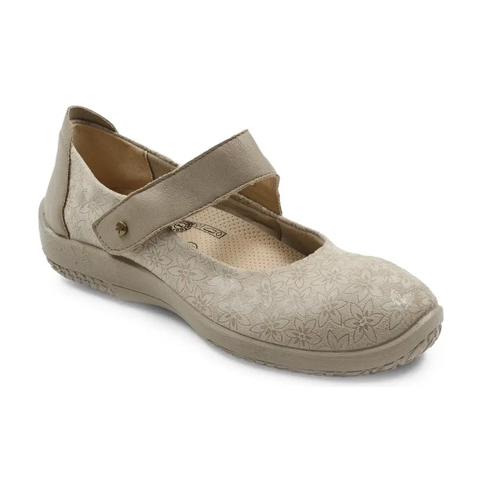 The Arcopedico Womens Cosmo Taupe by ARCOPEDICO features a light beige floral design, round toe, adjustable hook-and-loop strap, low textured sole, and a slightly cushioned insole for comfort.