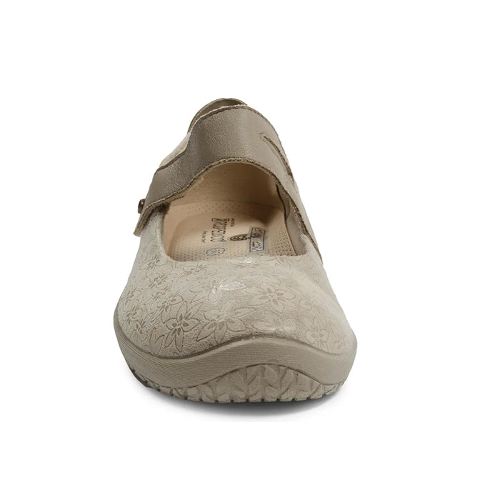 Front view of the ARCOPEDICO Womens Cosmo Taupe shoe, showing its Mary Jane style with a floral toe pattern, textured sole, and single strap.