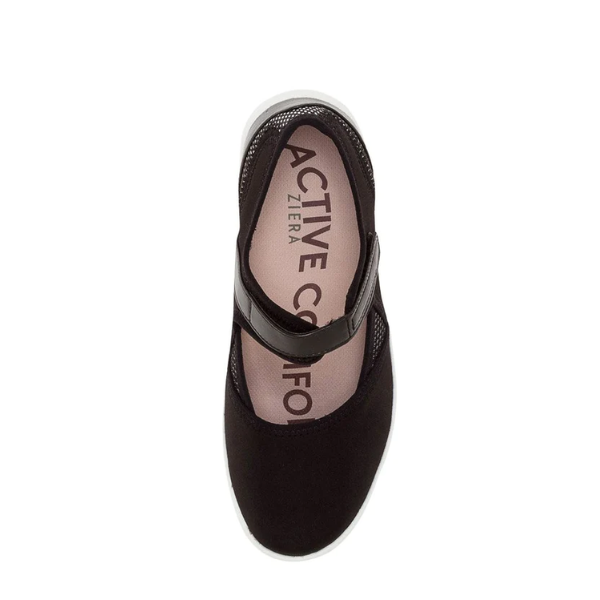 Top view of the ZIERA Womens Ushery Wide Black Mary Jane shoe with a single strap, shown on a white background. Features include an ACTIVE COMFORT Plus footbed and cushioned insole for superior comfort.