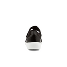Rear view of the ZIERA Womens Ushery Wide Black casual shoe, showing a black mesh upper, white sole, and hook-and-loop back strap. Features a Comfort Plus footbed for all-day comfort, centered on a plain white background.