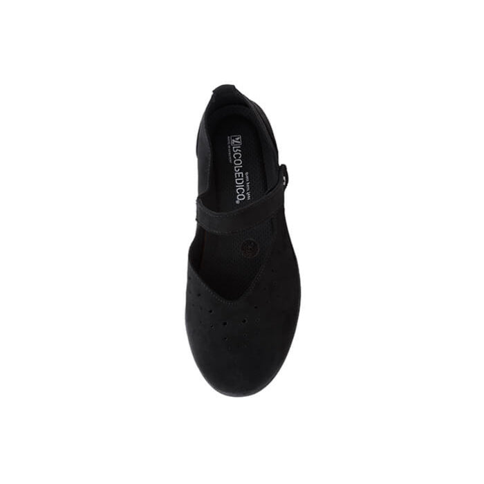 The ARCOPEDICO Womens Arcopedico Sisley Black is a vegan-friendly Mary Jane-style shoe with an instep strap, shown from above on a white background. The insole features the MACOLLECTION label.