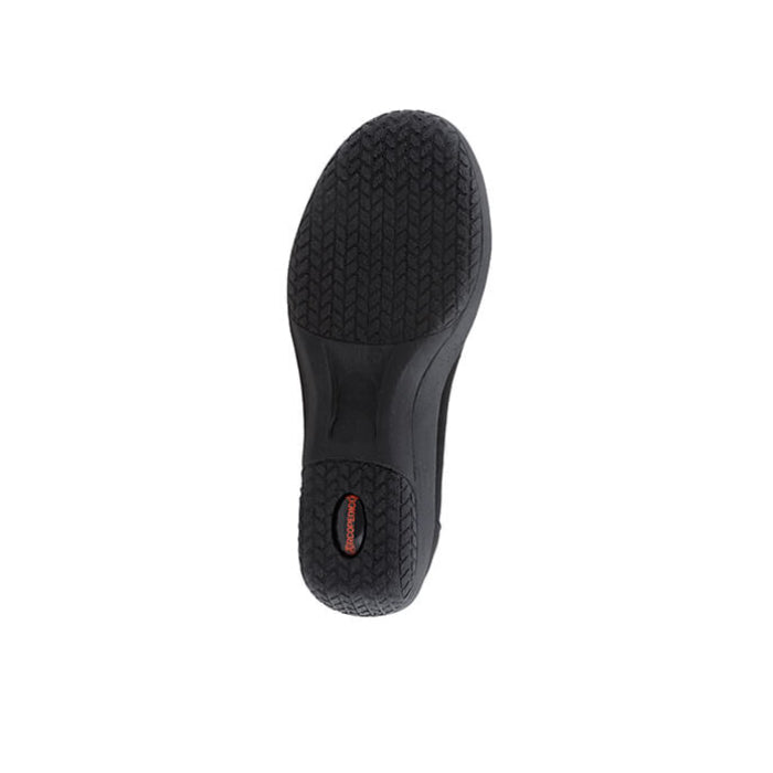 The ARCOPEDICO Womens Arcopedico Sisley Black shoe features a black sole with a textured tread, a slightly raised heel, and a small red and white Sisley logo, highlighted in mary-jane style against a plain white background.