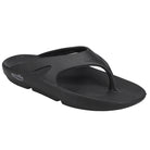 The Sovella Womens PF Thong Black sandal features a thick cushioned sole and Wide straps for all-day support and style, shown on a white background.
