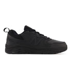 The New Balance Womens WX857 V3 Wide Black sneakers feature a low-top, lace-up design with a textured sole, subtle N logo, and ROLLBAR technology for added support.