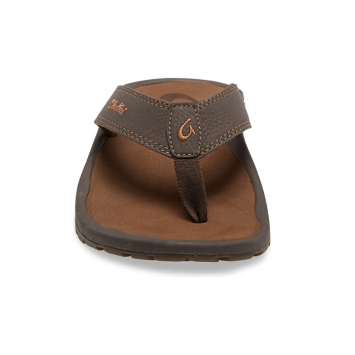 Front view of the OluKai Mens Ohana sandal in Dark Java Ray, showing a water-resistant strap, cushioned anatomical footbed, subtle stitching, and a small embroidered OluKai logo on the thong strap.