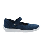 The ARCOPEDICO Womens Arcopedico Sisley Blue is a navy suede Mary Jane shoe with a white sole, perforated upper, and an adjustable hook-and-loop instep strap.