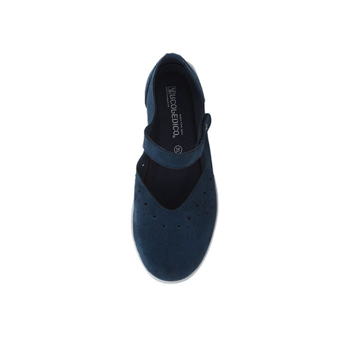 Top view of the ARCOPEDICO Womens Arcopedico Sisley Blue Mary Jane, featuring a perforated toe and adjustable hook-and-loop strap, displayed against a plain white background.