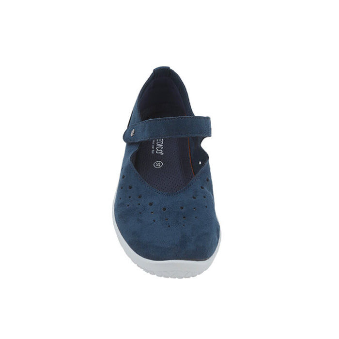 Front view of the ARCOPEDICO Womens Arcopedico Sisley Blue vegan-friendly Mary Jane, featuring navy blue suede, a perforated toe, adjustable hook and loop strap, and white rubber sole on a plain white background.