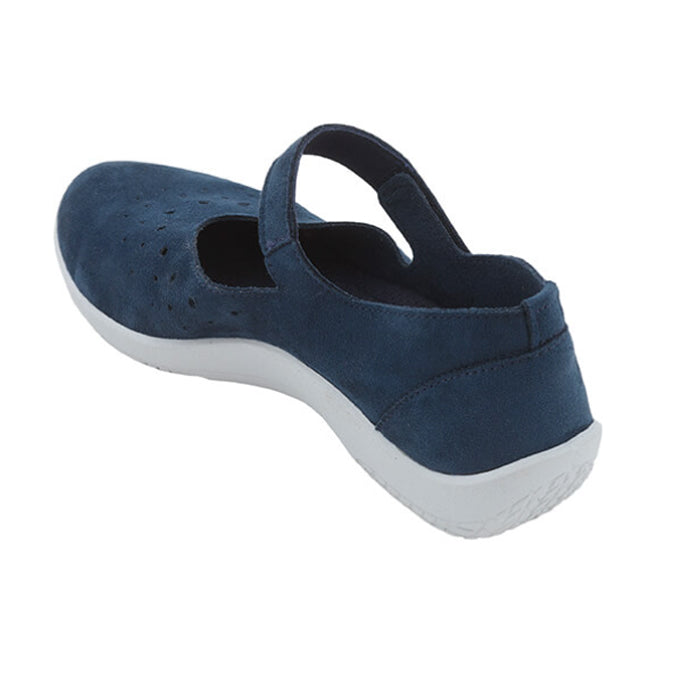 The ARCOPEDICO Womens Arcopedico Sisley Blue is a vegan-friendly Mary Jane with an adjustable hook-and-loop instep strap, perforated closed toe for ventilation, and a textured white sole.