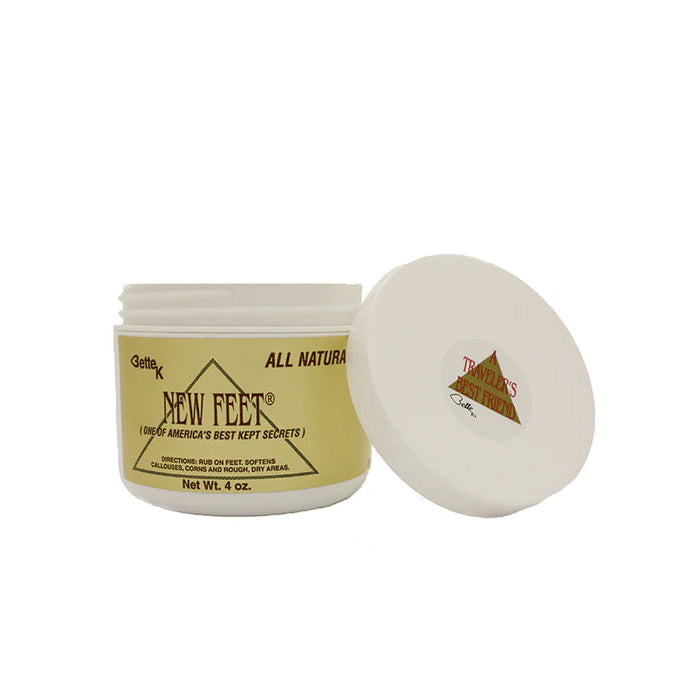 A 4 oz. BETTE K New Feet jar shows its open top with the lid beside it. This all-natural foot cream contains lanolin, beeswax, and papaya to relieve foot pain and care for rough spots.