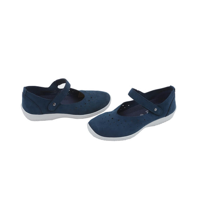 The ARCOPEDICO Womens Arcopedico Sisley Blue shoes are Mary Jane-style with navy blue uppers, white soles, and an adjustable hook-and-loop strap, shown on a white background.
