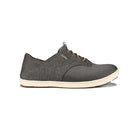 The OluKai Mens Nohea Moku in Charcoal/Clay features a dark gray textured fabric upper, perforated sides and toe, tan stitching, anatomical midsole, and light beige rubber sole. Shown in side profile on a white background.