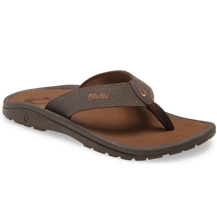 OLUKAI Men’s Ohana Dark Java Ray sandals with dark sole and logo—comfortable, angled view. Lucky Feet Shoes