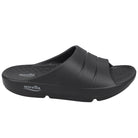 The Sovella Mens PF Slide Black is a slip-on sandal with a thick, rebound-tech sole, textured footbed, and two raised lines on top. Sovella is displayed near the heel.