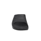 Front view of Sovella Mens PF Slide Black sandal by Sovella, featuring a textured footbed, Wide strap, and built-in arch support for comfort, displayed on a white background.
