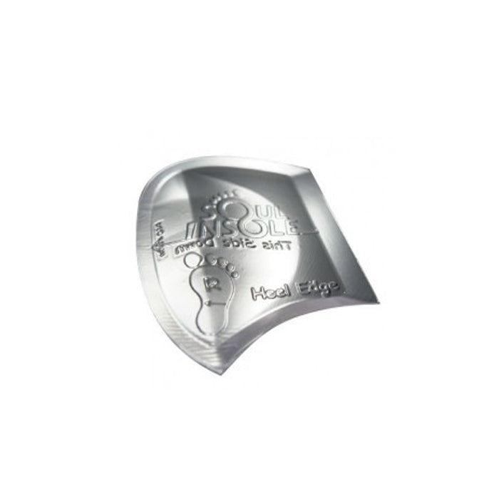 The Burten Distribution Shoe Bubble by Burten is a transparent gel heel insert shaped for the back of your shoe, with cushioned support and embossed text featuring a footprint—perfect for relieving foot pain.