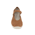 Front view of the ARCOPEDICO Womens Sisley Brown shoe with perforated detail, rounded toe, white sole, and adjustable hook-and-loop strap; vegan-friendly brown suede design.